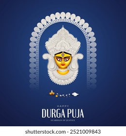 Cara de durga en feliz Durga Puja, Dussehra y Navratri concepto de celebración para el Anuncio de Web, cartel, publicación en redes sociales y publicidad de volantes