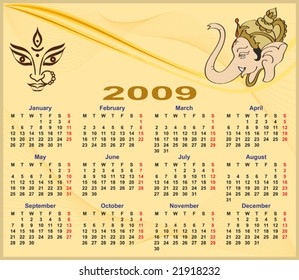 Durga, Ganesha, Calendar 2009 with space for text, Monday start