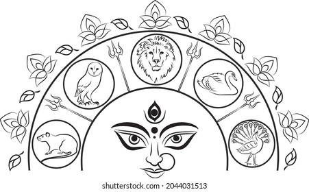 Durga  in line art with all five elements