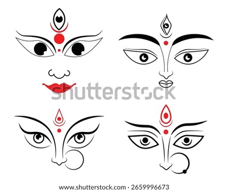  Durga mata icon set. Maa durga simple line drawing illustration. Black and white Durga face for banners. Vector illustration.