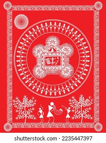 Durga pooja in warli painting. 
Durga bhajan in rural area warli art and painting. Indian rural culture show in warli wall drawing. 
Illustration, vector.