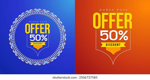 Anuncio Durga Puja con arco, marco decorativo y borde festivo con la diosa Durga. Incluye Happy Durga Puja y Promoción de Venta. Ideal para Navratri, Ganesh Chaturthi oferta