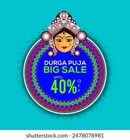Durga Puja Big Sale Poster Design with Goddess Durga Face on Turquoise Background.