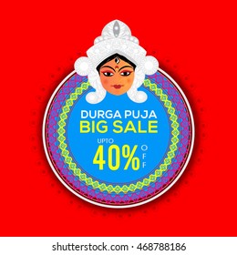 Durga Puja Big Sale with upto 40% Off, Beautiful background with illustration of Goddess Durga, Floral Sticker, Tag, Label design, Vector illustration for Indian Festival celebration.