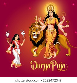Durga Puja Feier Göttin Durga mit acht Armen Reiten ein Löwe Frau bietet Gebete Lit Diya Lampen symbolisieren Licht und Durga Puja Text in dekorativen Schriftart






