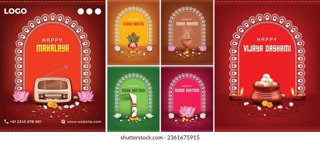 durga puja creative social media banner design with mahalaya, sasthi, saptami, ashtami, navami and vijayadashami