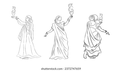 durga puja dhunuchi naach line drawing vector illustration. happy dussehra dhunuchi dance performance. Illustration of women dancing with incense burners in their hands during the Durga Puja Festival.