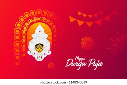 Durga Puja Festival Background Design Template with Goddess Durga Face Illustration