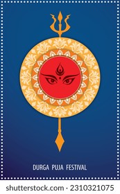 Durga puja festival banner design,  vector illustration with durgamaa face and floral alpona on the colourful background.