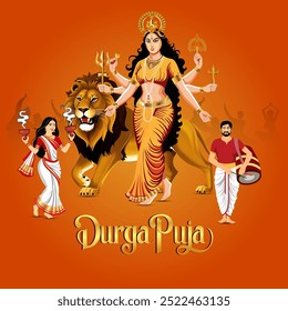 Durga Puja Festival Goddess Durga on a Lion with Eight Arms People Offering Prayers and Playing Dhol Lit Diya Lamps in the Background and Durga Puja Text






