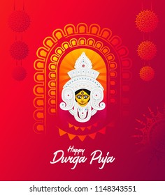 Plantilla de diseño de fondo del Festival Durga Puja con ilustración de la diosa Durga Face