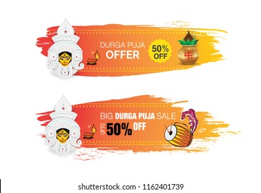 Durga Puja Festival Sale, Offer Banner Design Set with 50% Discount Tag