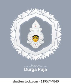 Durga Puja Festival Template with white Round Floral Design and Goddess Durga Face Illustration