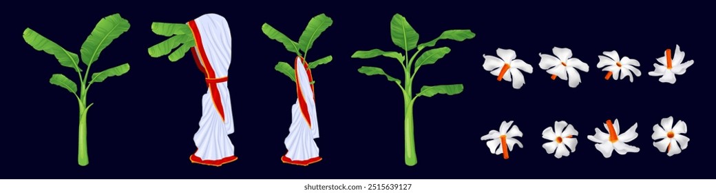 Durga Puja Blume Shiuli Blume, Bananenbaum, Durga Puja Kola Bou, Illustration von Durga Puja Gegenstände mit Bananenbäumen, drapierten Tuch und weißen Jasminblumen, Durga Puja Shiuli Blume