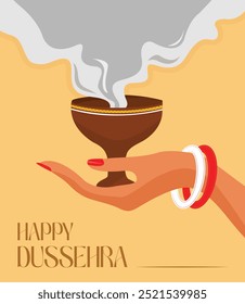 Durga Puja Happy Dussehra, Women hand with dhunuchi drawing for durga puja postwer vector illustration