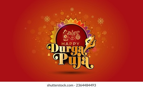 Durga Puja. Indian hindu navratri Traditional Festival Vector illustration. 3D text Happy Durga puja with golden floral on red festive background. svg