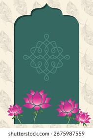 Durga Puja Convite Fundo com Arco Teal Quadro e Rosa Lotus Floral Borda para Navratri Sharodotsav Posters Flyers e Saudações