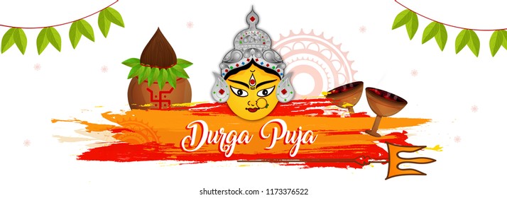 Durga puja, Navrata Background Banner with Dhunuchi, Kalash And Frame.