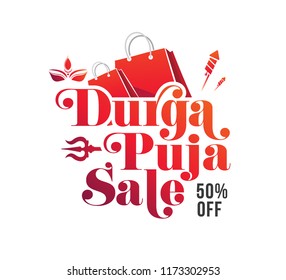Durga Puja Sale Text Typography with 50% Discount Tag