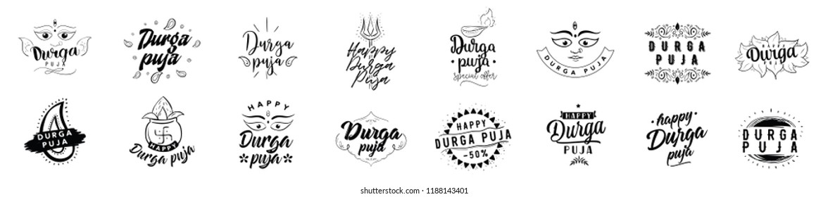 Durga Puja. Vector typography set for banner, logo design. Festival of India.