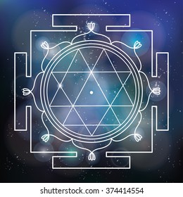 Durga Yantra.Sacred geometry buddhism symbol.Vector line object,space blurred background.Vector dark sky,shiny bokeh.Vector meditation,religion sign.Futuristic mystery design,shape, blur texture