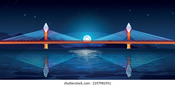 Durgam Cheruvu Cable Bridge In Hyderabad, Telangana, India - Night View Neon Vector