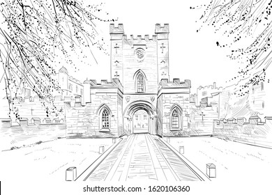 Durham Castle. Durham. England. Great Britain. Europe. Hand drawn sketch. Vector illustration.