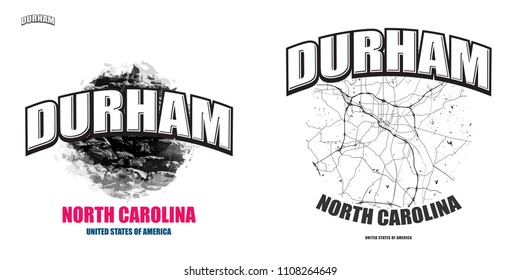 Durham, North Carolina, logo design. Two in one vector arts. Big logo with vintage letters with nice colored background and one-color-version with map for every possible print production.