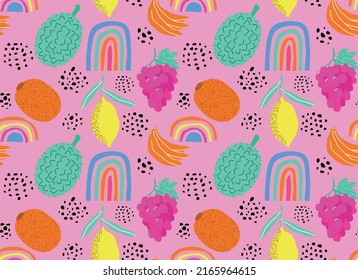 durian, banana, rainbow, kiwi, lemon, grape,leaf. seamless pattern. Cute summer fruit background.