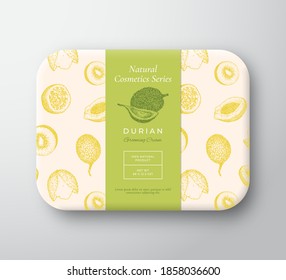 Durian Bath Cosmetics Package Box. Abstract Vector Wrapped Paper Container with Label Cover. Packaging Design. Modern Typography and Hand Drawn Exotic Fruits Background Pattern Layout. Isolated.