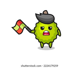 durian cartoon as the line judge hold the flag up at a 45 degree angle , cute style design for t shirt, sticker, logo element