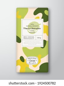 Durian Chocolate Label. Abstract Shapes Vector Packaging Design Layout with Realistic Shadows. Modern Typography, Hand Drawn Fruit Silhouette and Colorful Camouflage Pattern Background. Isolated.