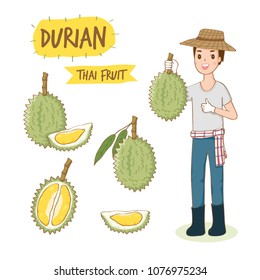 Durian and cut pieces isolated on white background.Asian man farmer holding fruit.