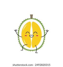 Durian fruit cute character cartoon greeting smiling face cheerful kawaii joy happy emotions icon vector illustration.