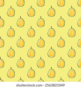 Durian fruit flat seamless pattern on yellow background. Wrapping paper, gift card, poster, banner design. Home decor, modern textile print. Summer bright geometric fruits patterned.