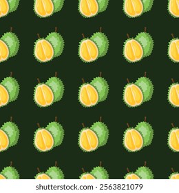 Durian fruit flat seamless pattern on green background. Wrapping paper, gift card, poster, banner design. Home decor, modern textile print. Summer bright geometric fruits patterned.