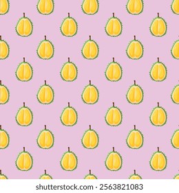 Durian fruit flat seamless pattern on pink background. Wrapping paper, gift card, poster, banner design. Home decor, modern textile print. Summer bright geometric fruits patterned.