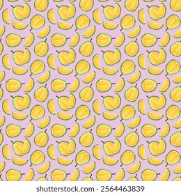 Durian fruit flat seamless pattern on pink background. Wrapping paper, gift card, poster, banner design. Home decor, modern textile print. Summer bright geometric fruits patterned.