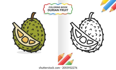 Durian fruit hand drawn coloring book for learning. Flat color ready to print