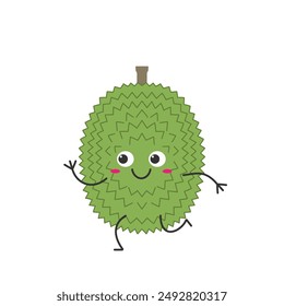 Durian fruit running cute character cartoon sweet smiling face kawaii happy emotions icon vector illustration.