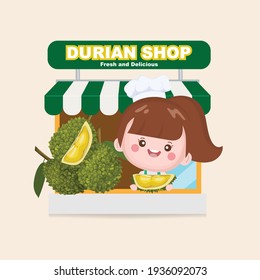 Durian fruit shop and cute woman seller. Food store market.
