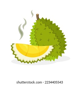 Durian fruit smell bad. Whole and piece of fruits.Vegan food vector icons in a trendy cartoon style. Vector illustration isolated.	