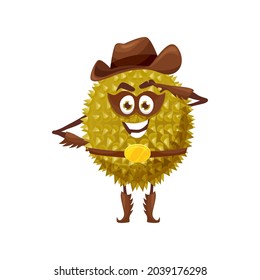 Durian fruit superhero cartoon character, vector tropical fruit in super hero costume and mask. Durian fruit as sheriff in cowboy hat with police star badge, food superhero