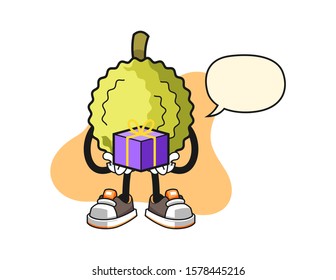 Durian give a gift with speech bubble cartoon. Mascot Character vector.