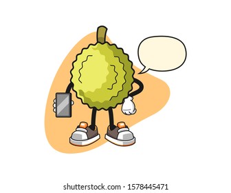 Durian hold smartphone with speech bubble cartoon. Mascot Character vector.