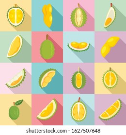 Durian icons set. Flat set of durian vector icons for web design