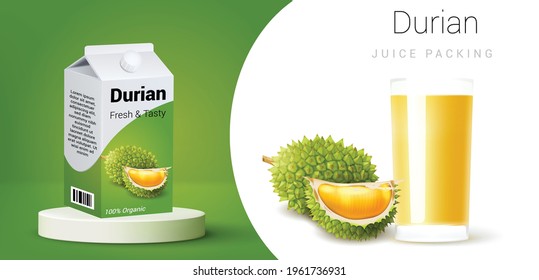 Durian Juice Drink Carton Mockup In 3d Illustration. Plastic Juice Bottle Brand Concept Isolated. Bottle Label, Package Template Design, Label Design, Mock Up Design Label Template