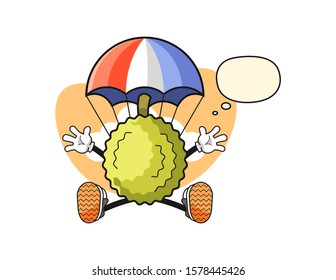 Durian jumping parachute with thought bubble cartoon. Mascot Character vector.