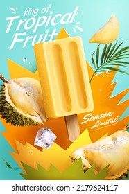 Durian popsicle ad template. 3d illustration of realistic durian pieces and popsicle along with ice cube. Papercut style explosion bubbles background.