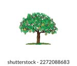 durian tree in the garden illustration, hand drawn style	
